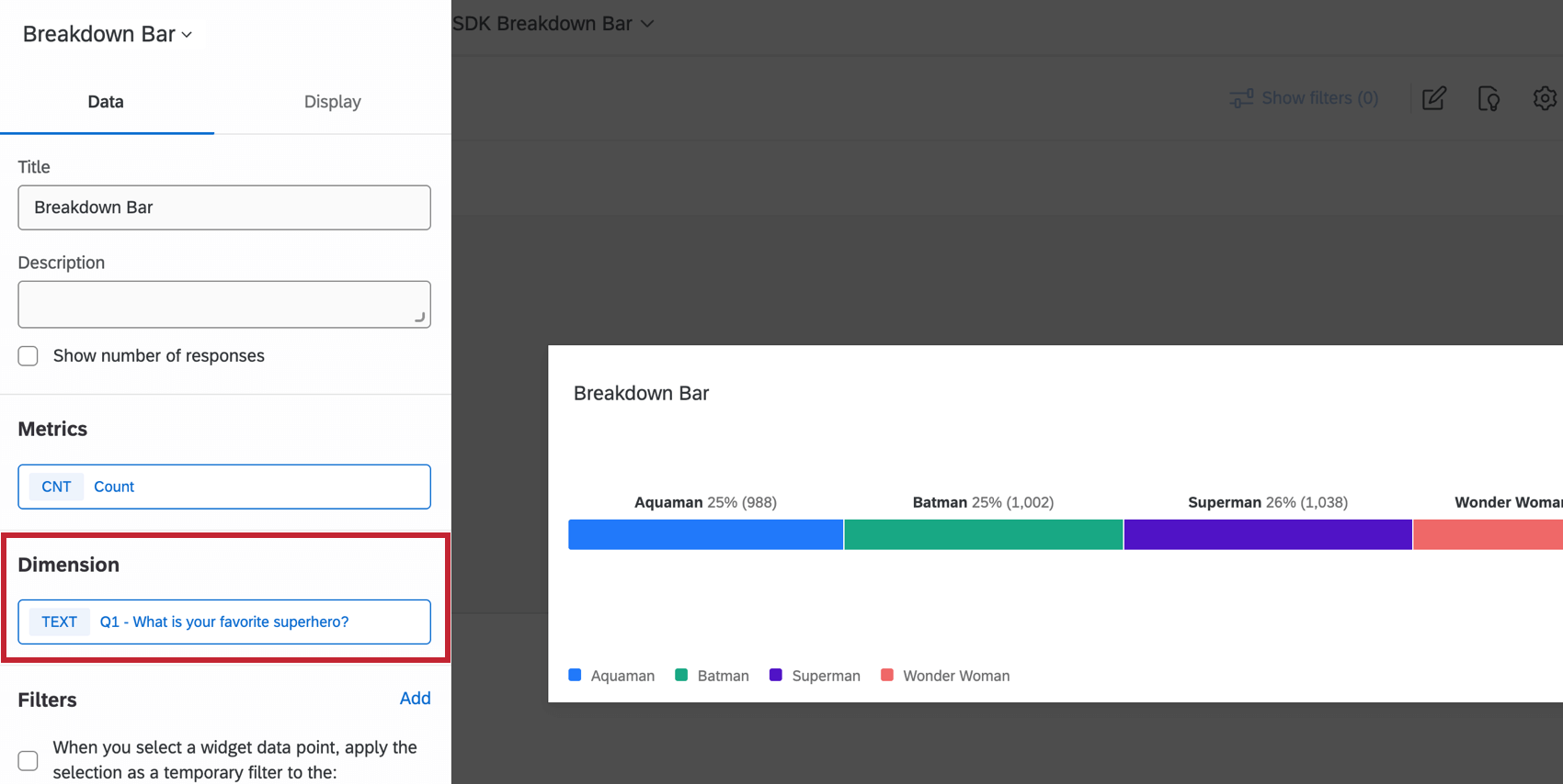 Dimension section of the breakdown bar widget menu