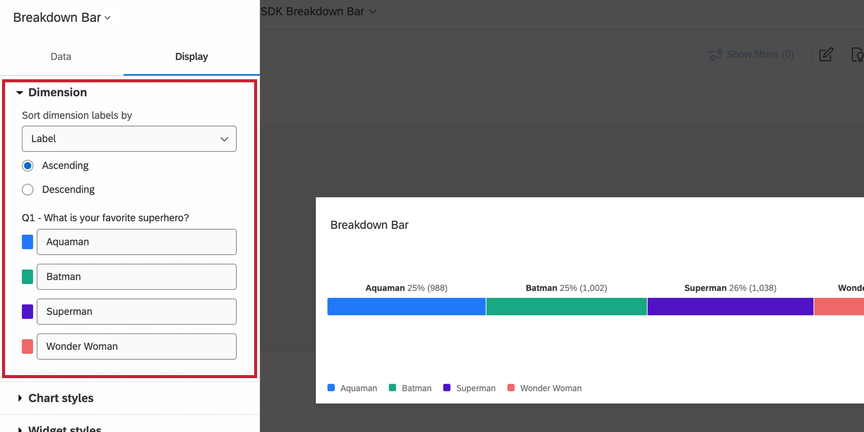 Display options in breakdown bar widget - dimension section