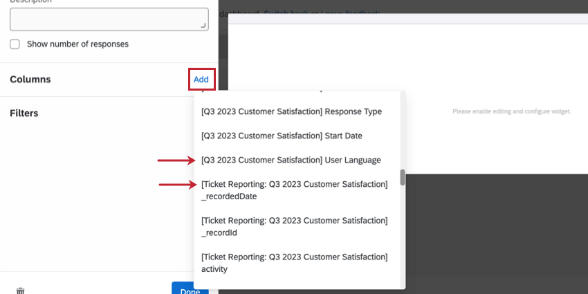 ダッシュボードのフィールドセレクタにチケットとアンケートの両方のデータを表示します。