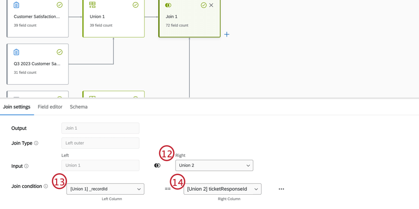 campos nas configurações de união