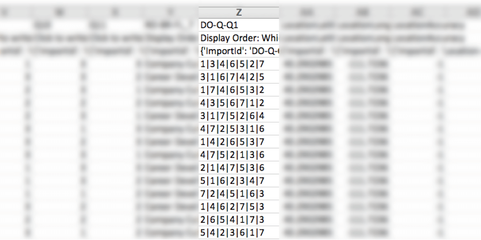 ランダム化機能付きCSV。列の見出しには、DO-Qの後に質問番号がある。