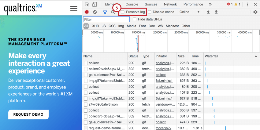 image of the Preserve Log option in Chrome