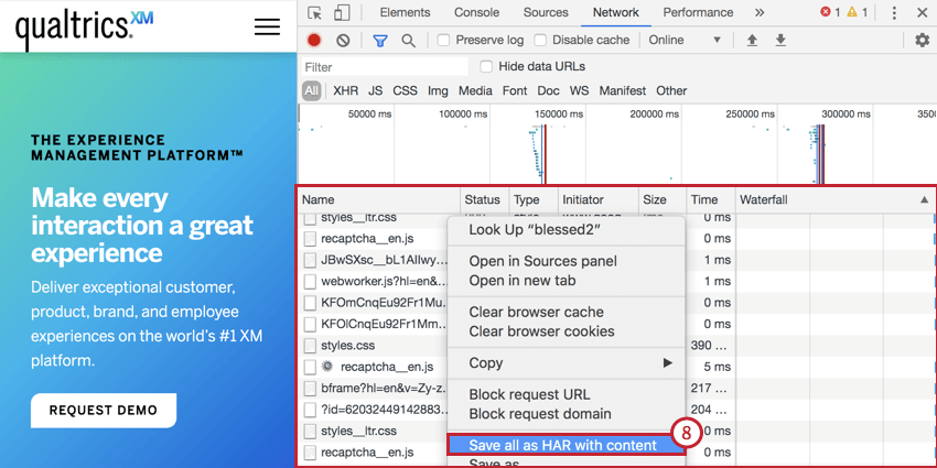 Image of the Save all as HAR with content option in Chrome