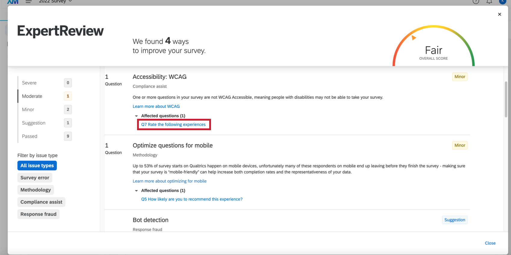 Klicken Sie auf den Fragen-Hyperlink, um zu einer Frage weitergeleitet zu werden, die nicht den Compliance-Vorschlägen entspricht.