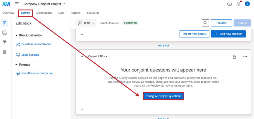the survey tab of a conjoint project. the configure conjoint questions button is in the survey builder