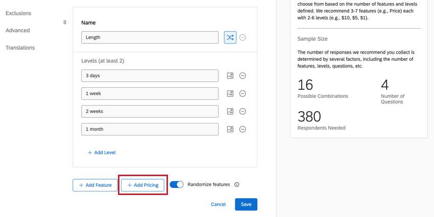 Add pricing button bottom of feature editor