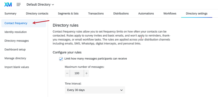 Image de la page des paramètres du répertoire. La première option du menu de gauche est la Fréquence de contact