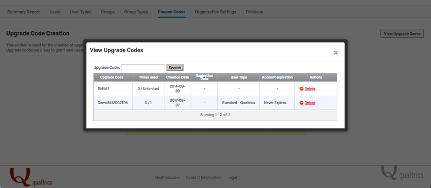 View Upgrade codes popup window with two codes listed