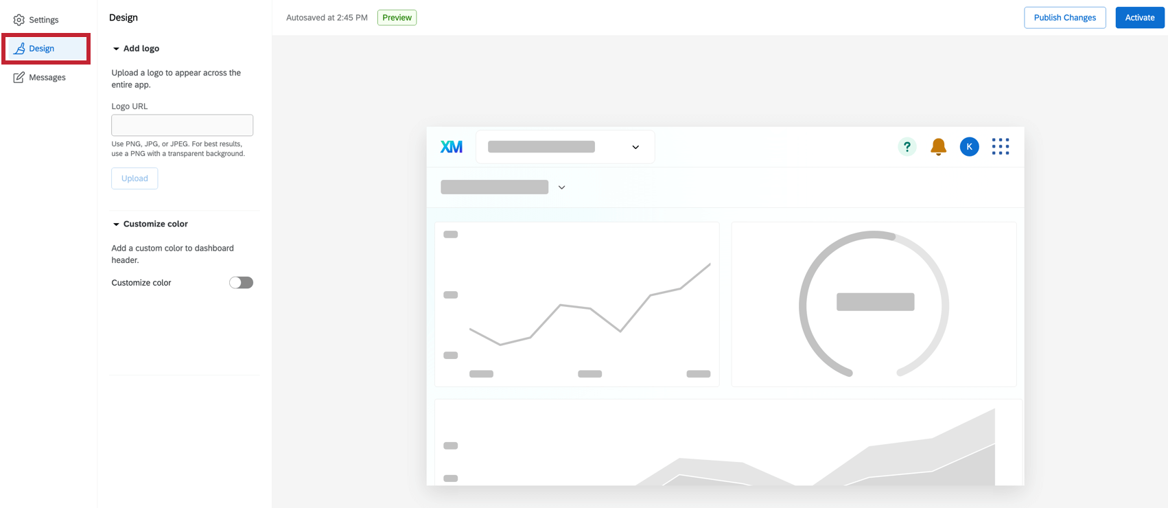 Die Designseite des App-Konfigurationsmenüs.