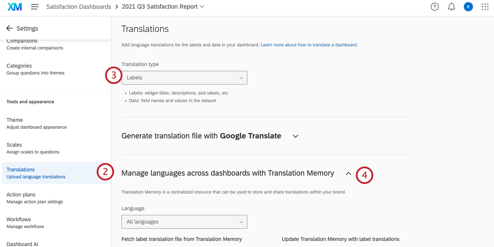 Manage translation section in the translations tab
