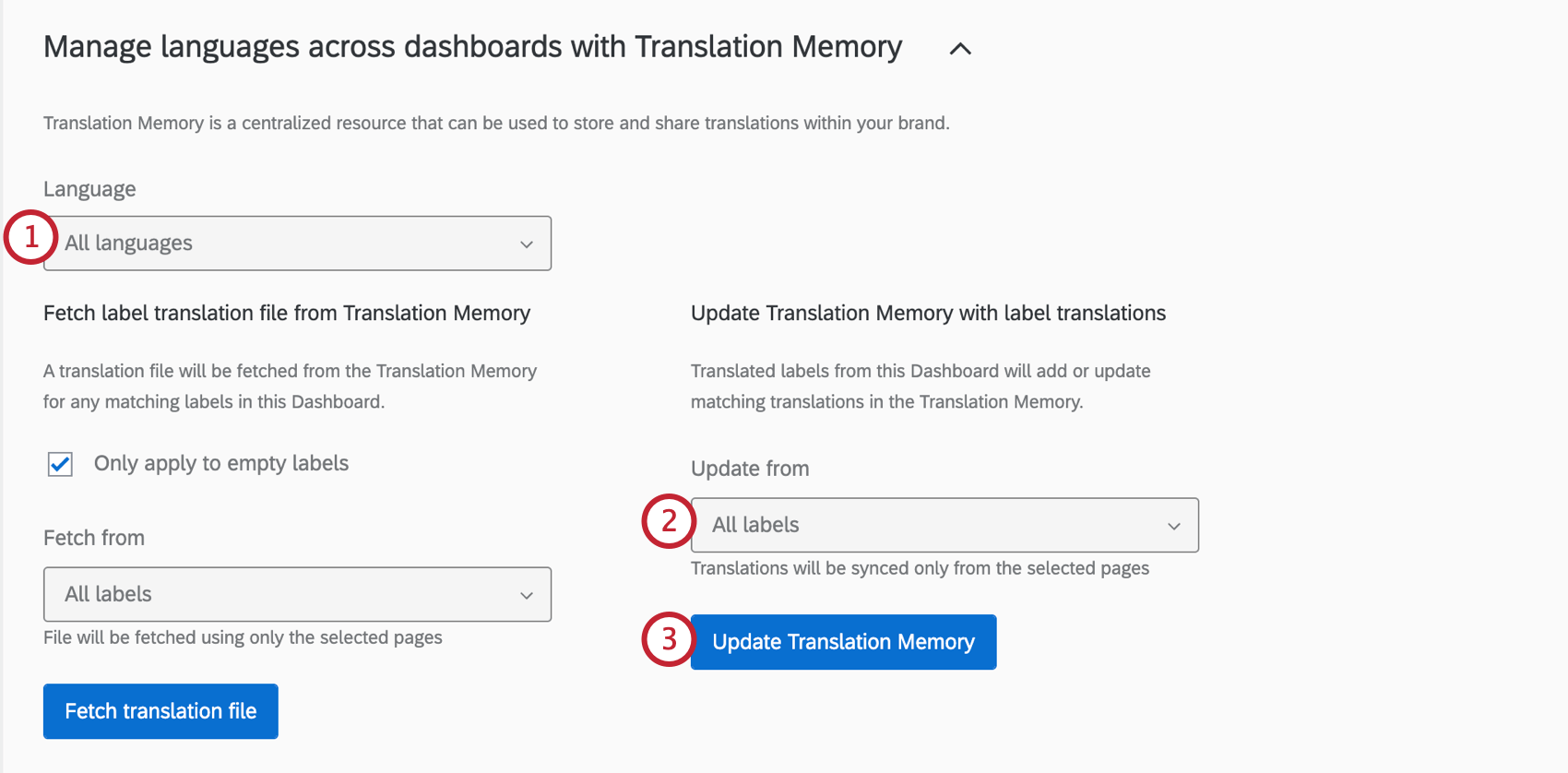 Selecting update the translation memory from the manage languages across translation memory settings in the dashboard