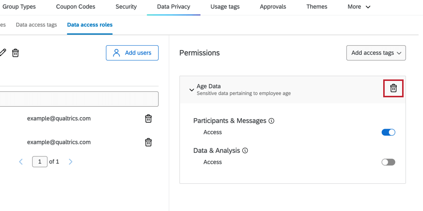 trash icon to delete a data access tag permission