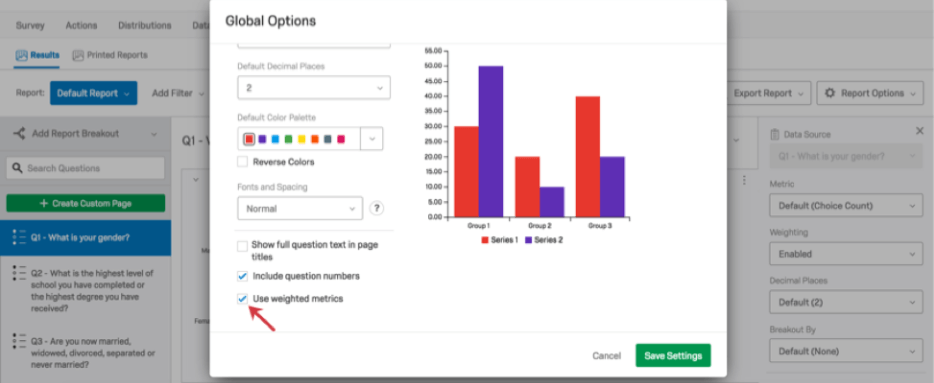 "Use weighted metrics" option in the Results-Reports Global Options