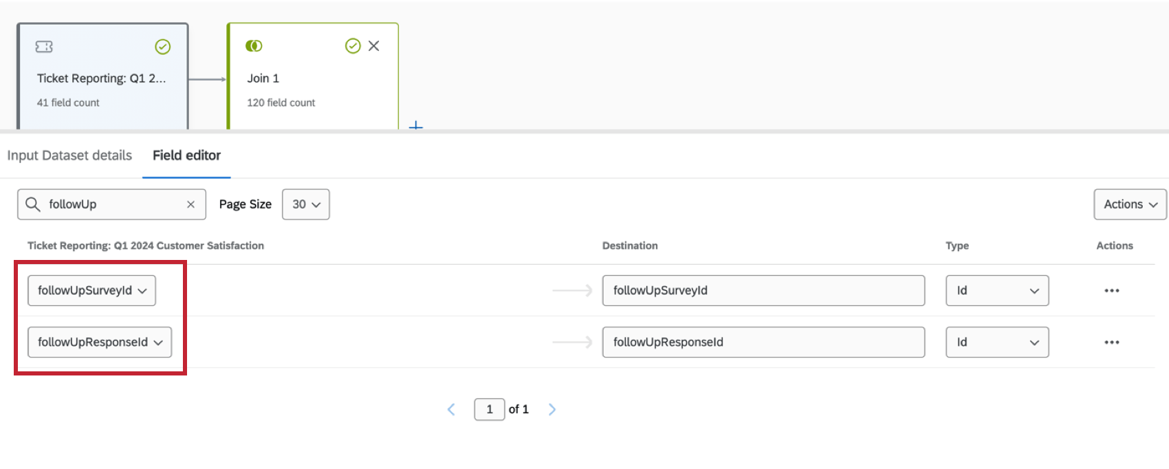 followup fields maped in the ticket reporting fieldset