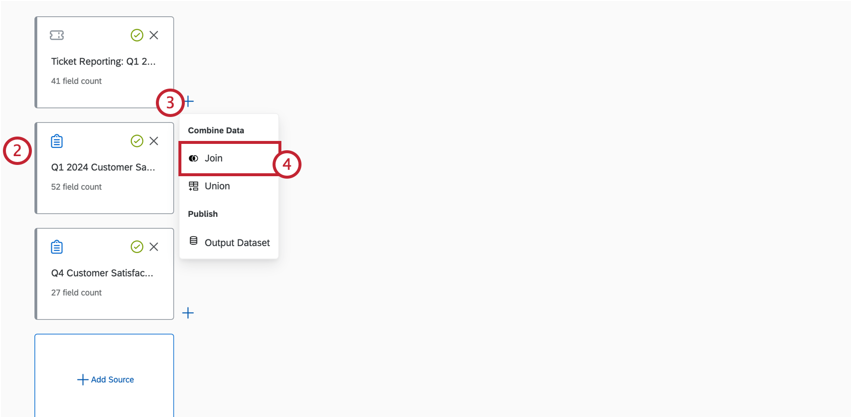 Fügen Sie Quellen im Datenmodellierer hinzu, und verknüpfen Sie sie dann.