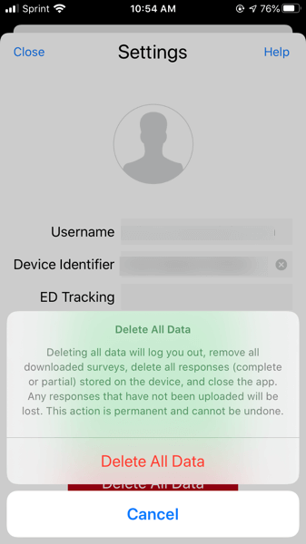 the delete all data confirmation screen before scrubbing the app of all data.