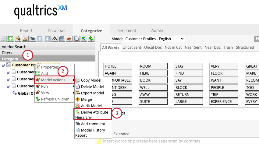 Navigate to the Categorize tab of the project that contains the model you want to base attributes on. Right click on your category model. You can create attributes based on the entire category model, or just 1 category in the model. Hover over Model Actions and select Derive Attribute Hierarchy.