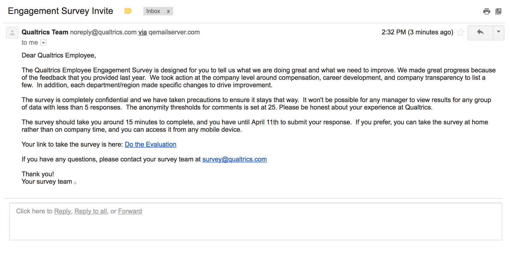 an example engagement survey invite email