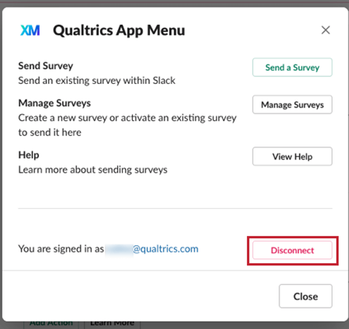 imagem do botão de desconexão no menu do aplicativo Qualtrics no Slack