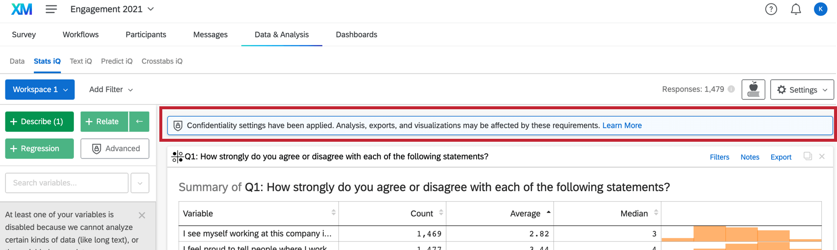 Stats iQの上部に、回答の匿名性が有効かどうかを示すバナーを表示。
