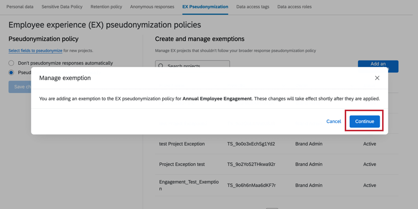 Continuer surligné dans la fenêtre pop-up de gestion de lexemption