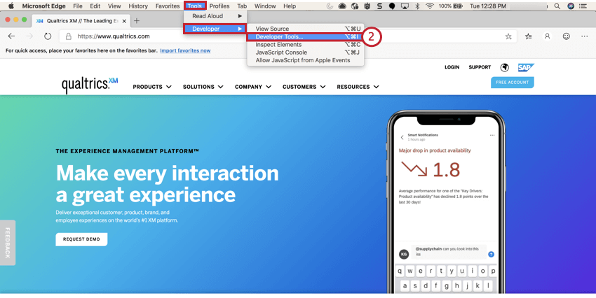 image of the developer tools menu in microsoft edge