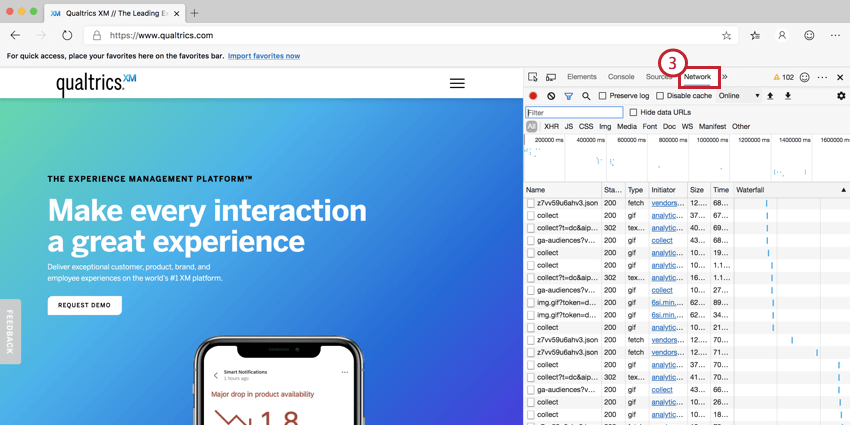 image of the network tab in microsoft edge
