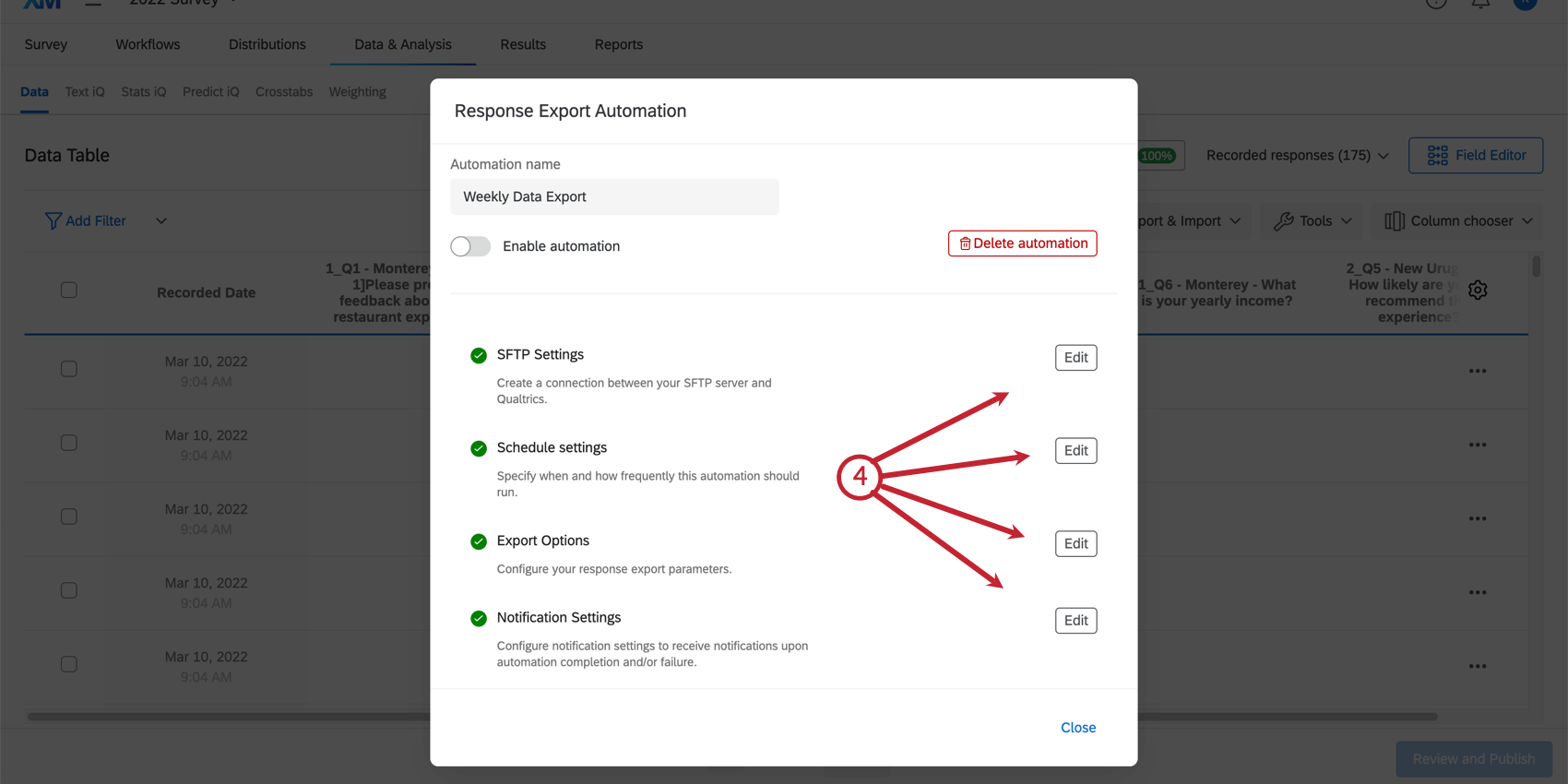 eine vollständig konfigurierte Automatisierung. Der Bearbeitungs-Button in jedem Abschnitt wird hervorgehoben, um Details der Automatisierung zu bearbeiten.