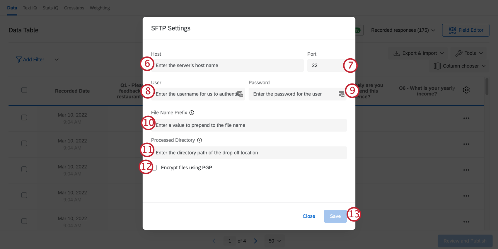 Shows Steps 6-13 for SFTP Settings