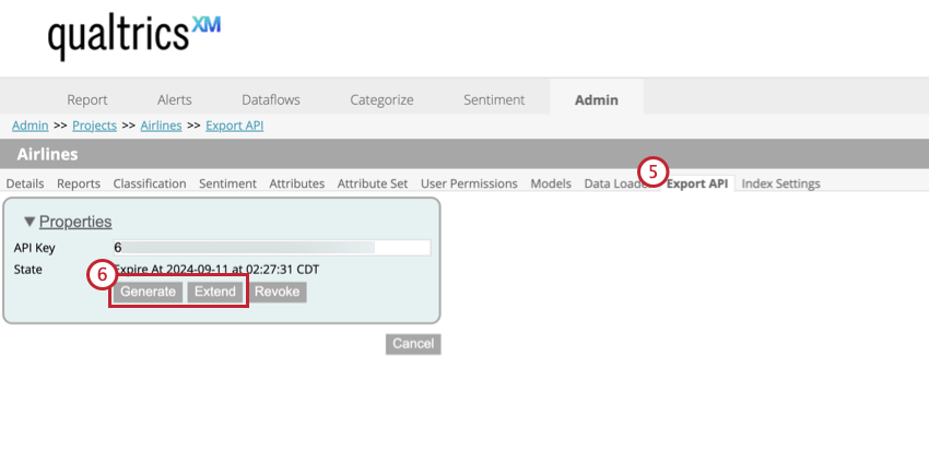 Registerkarte API exportieren in den Projekteinstellungen auf der Registerkarte Verwaltung. Die Optionen Generieren und Erweitern sind hervorgehoben