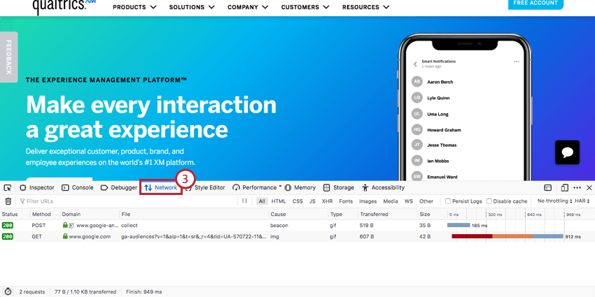 Image de l’onglet Network (Réseau) dans Firefox