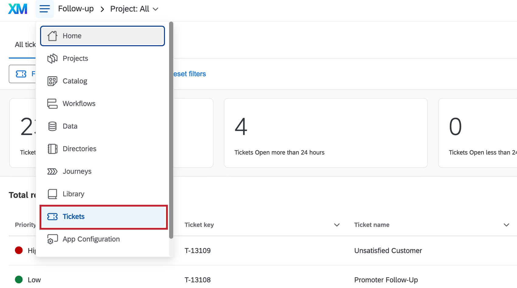 Tickets from the global dropdown navigation menu
