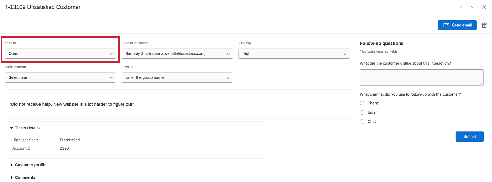 Status column dropdown menu