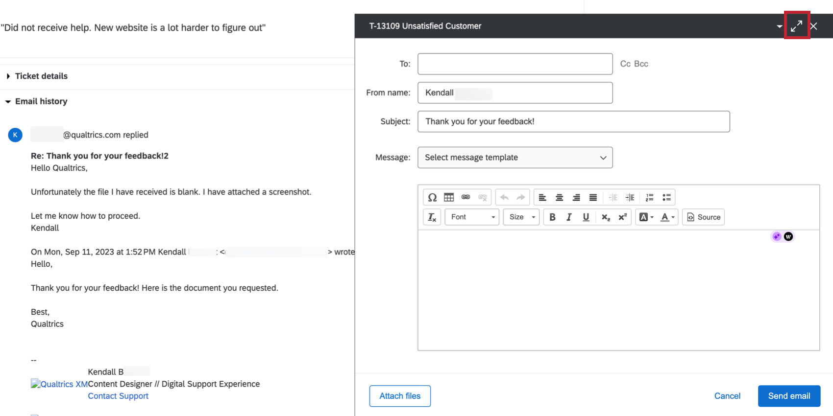 Expand button that can minimize email