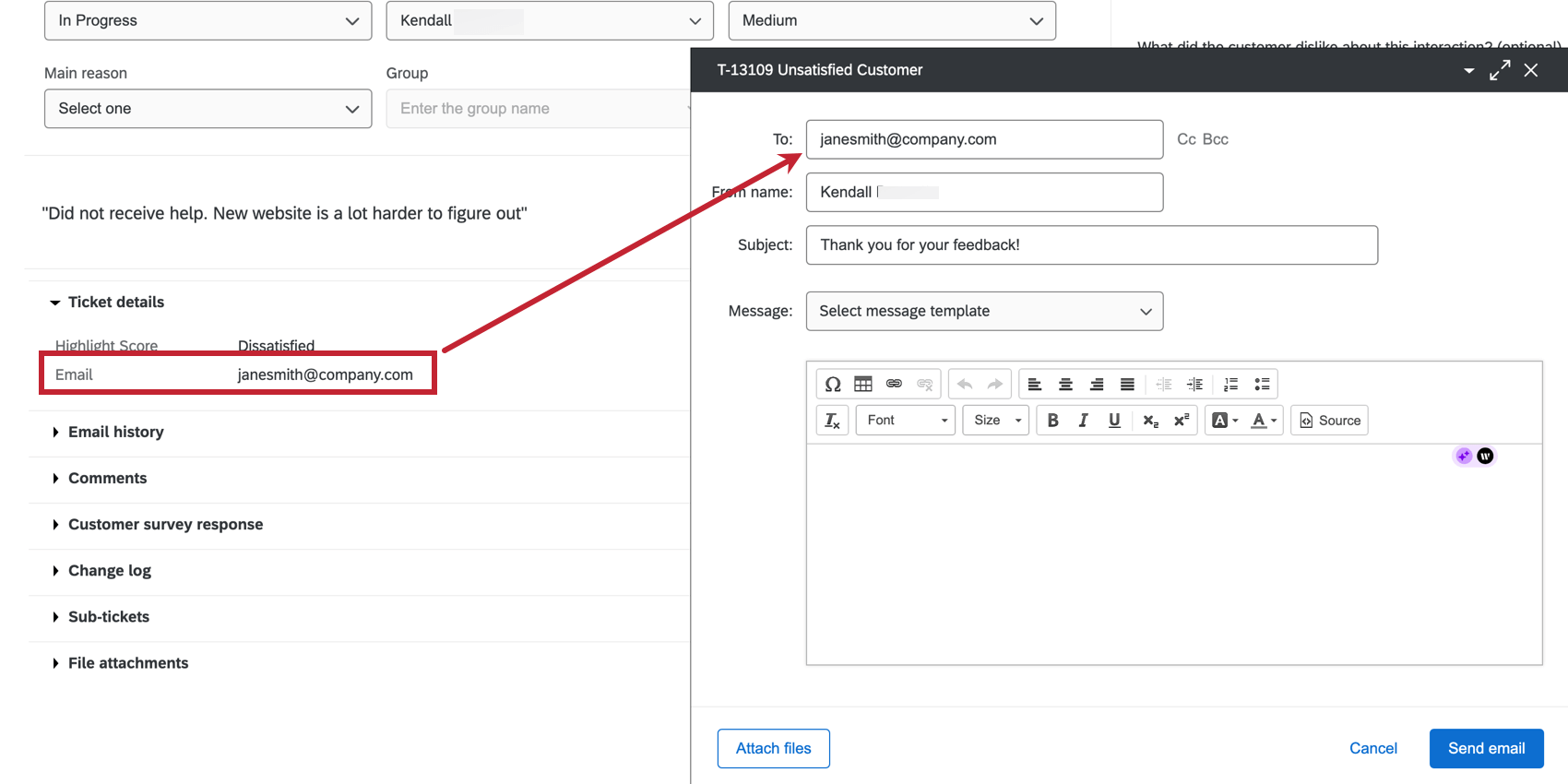 Email in ticket details that is also populated in the to field of the follow up email menu