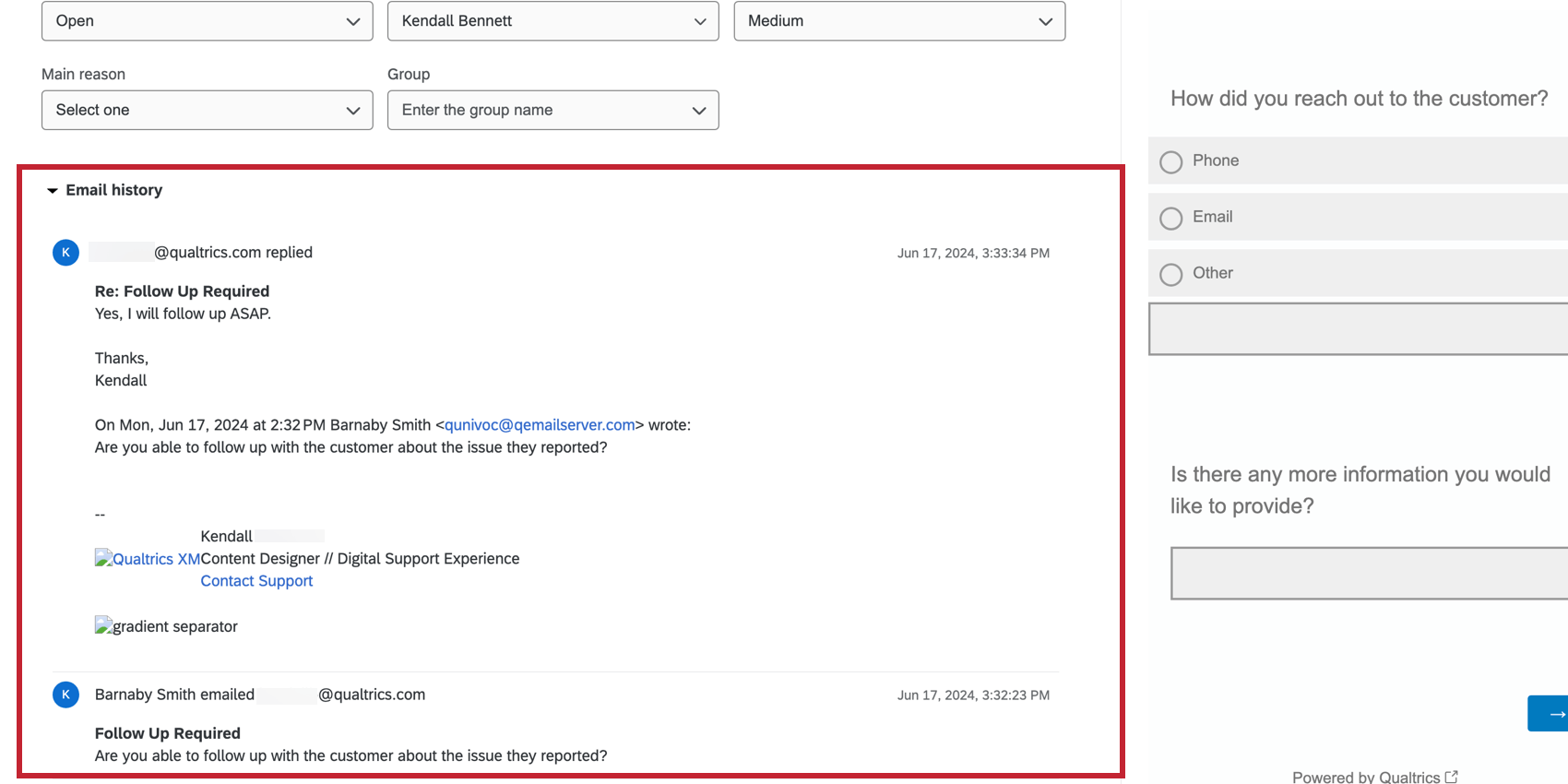 an email thread on a qualtrics ticket