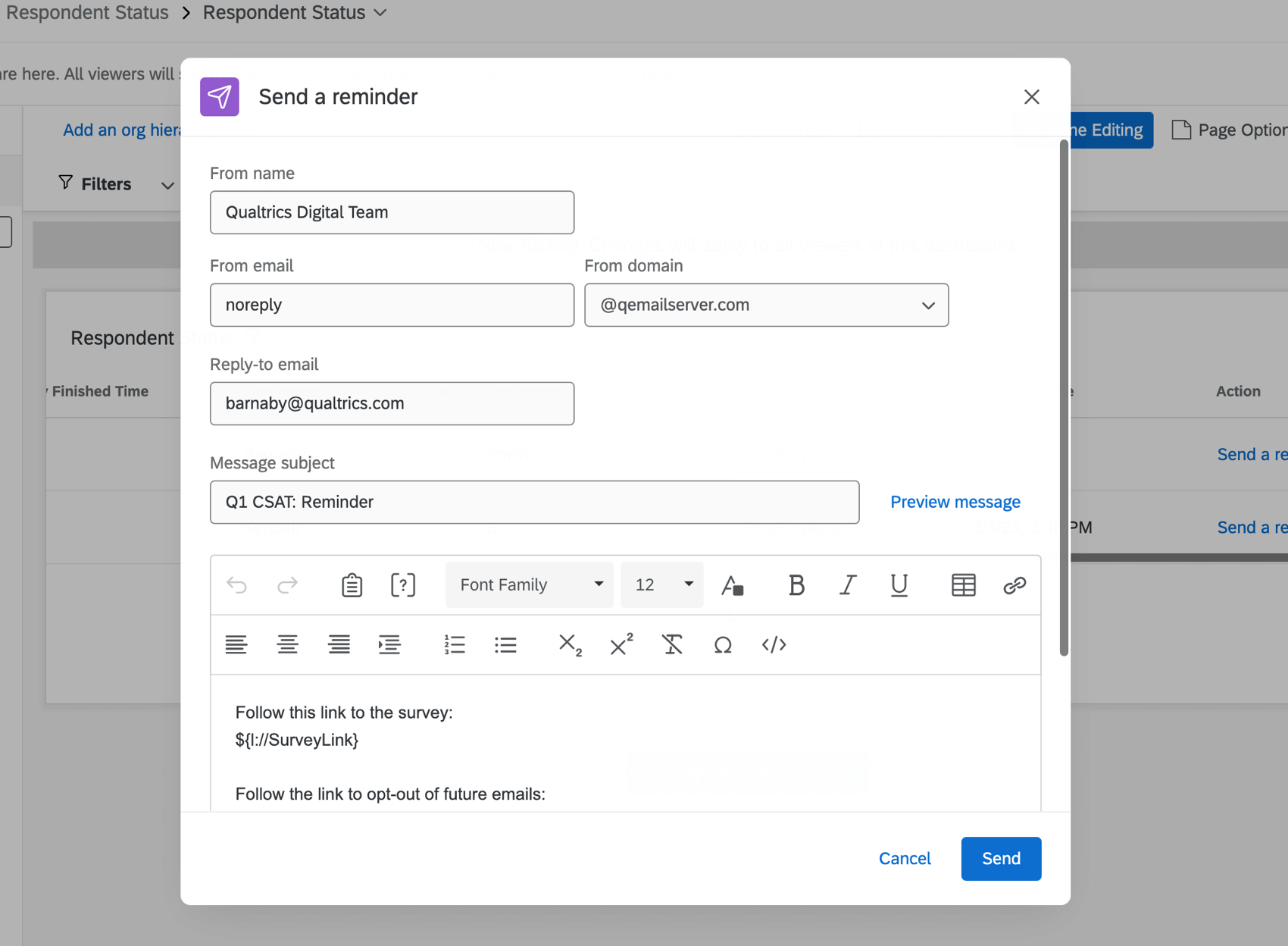Pop up to send a reminder email.