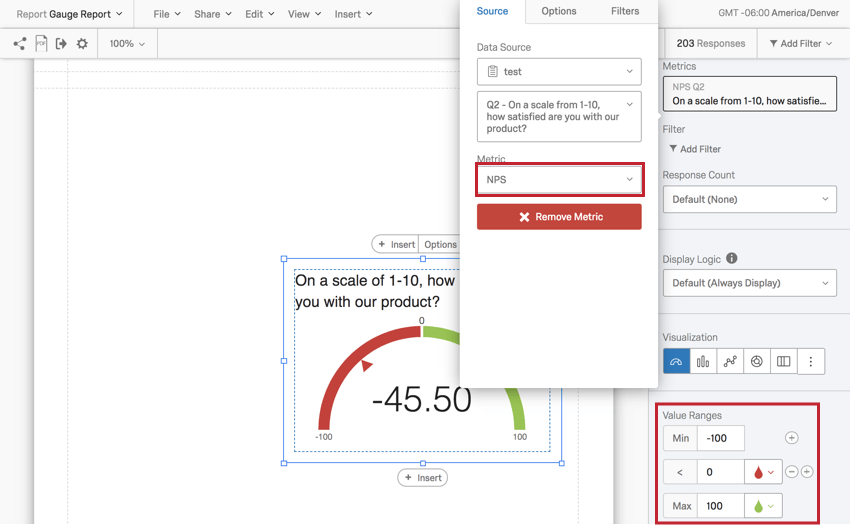 editing a gauge chart with the NPS metric selected