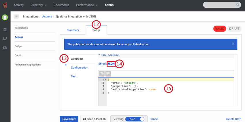 en sélectionnant JSON et en définissant nos propriétés dans longlet de configuration des contrats