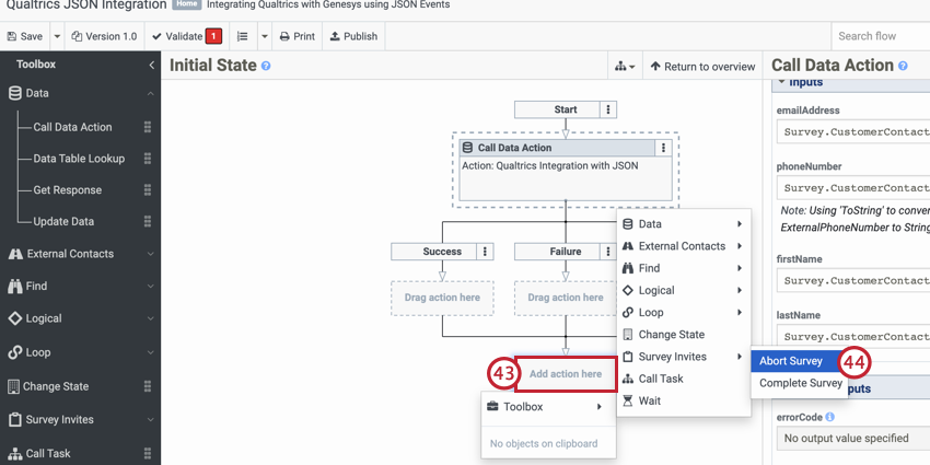 adding the abort survey action at the end of the flow