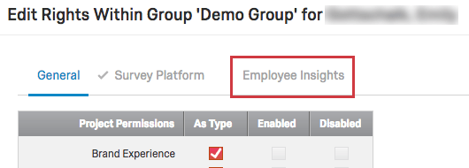 Employee Insights tab in Edit Rights Within Group menu