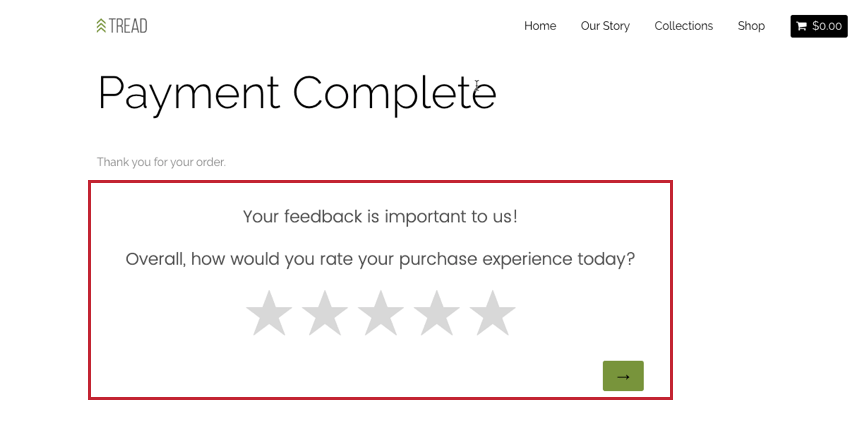 image of an embedded custom HTML creative used for soliciting feedback on a website after completing an online purchase