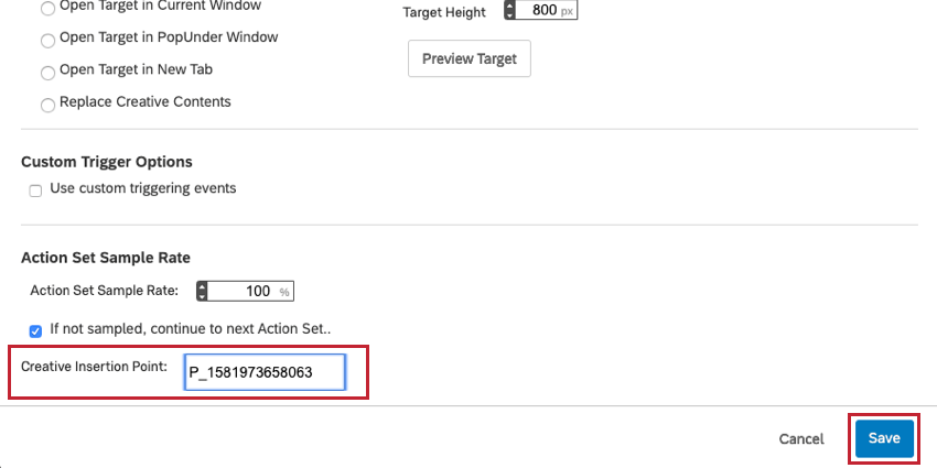 詳細オプションのクリエイティブ挿入ポイントフィールドの画像。コンテナのHtml IDの値がフィールドに入力される。