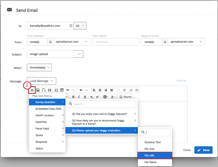 Image of Email Task screen with Piped Text selected for the uploaded file URL