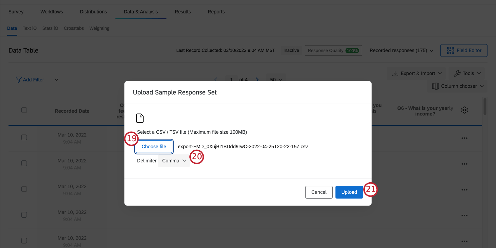 the upload sample response set screen. click browse to upload a file and use the delimiter dropdown to select your file delimiter