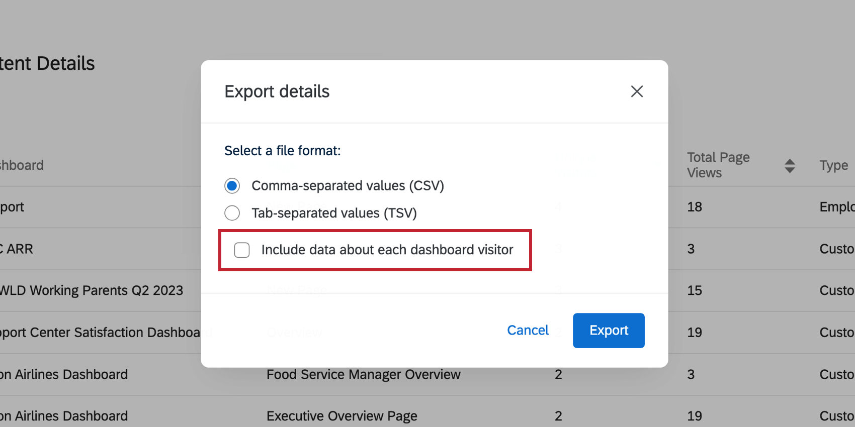 Hebt die Option Daten zu jedem Dashboard einschließen in den Exportdetails hervor