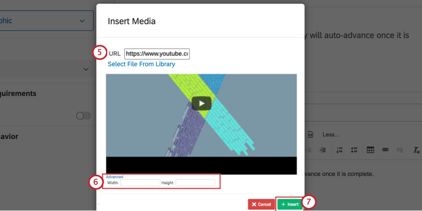 adding a video by url by pasting in the url and using the advanced fields to adjust the size