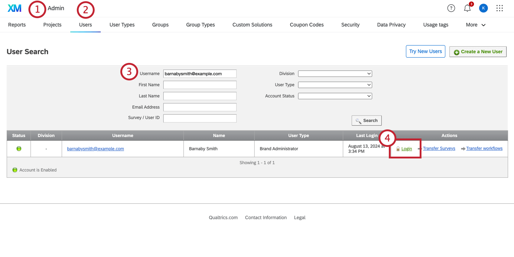 In the admin settings, the users tab with a user selected and "login" highlighted
