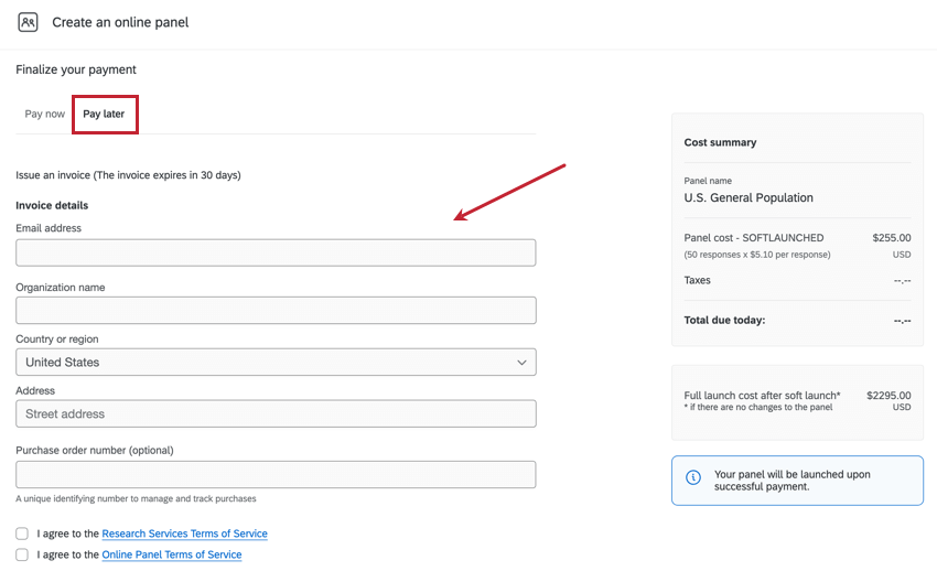 Pay later tab, with an arrow pointing to the email address text box