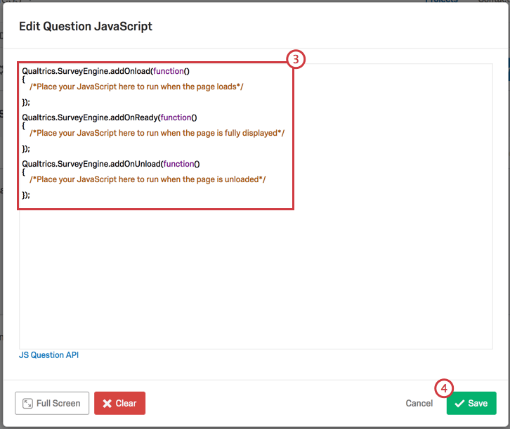 Javascriptをフィールドに含む質問Javascriptの編集ウィンドウ